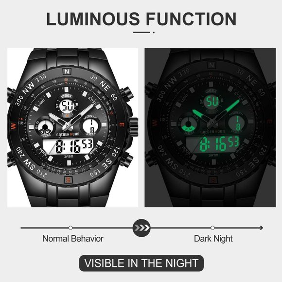 Men's Large Waterproof Stopwatch Luminous Digital Analog Watch with Rubber Band - Picture 4 of 7